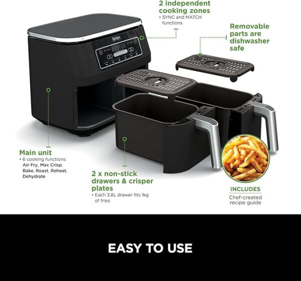 Ninja AF300UK Digital Air Fryer – 6-in-1, Dual Zone, 7.6L, Black - Image 3